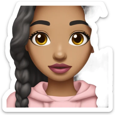 Girl with black hair straight with cozy pink coquette sweatshirt light tan skin pinkish lips slight blush holding a Stanley sticker