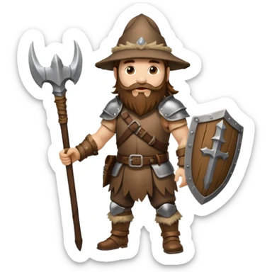 full body man long brown hair brown eyes medium beard white skin wearing boar hat and bark armor sticker