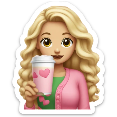 woman with green eyes and long curled blonde hair with a pink bow in her hair, wearing a pink cardigan with a red hearts and she is holding an iced coffee sticker