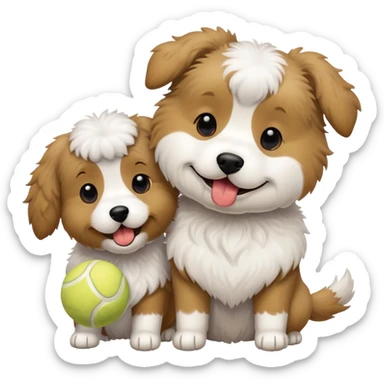 Two playful doodle-like dogs: one light brown with a tennis ball in its mouth, the other black and white with a fluffy coat. sticker