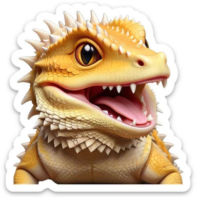 Cinematic Cute Yawning Bearded Dragon Portrait Emoji, Head tilted slightly with a dramatic, wide-open yawn, showcasing a soft, textured scaled hide with its spiky beard partially drooped and eyes barely open in drowsy contentment, Simplified yet irresistibly adorable features, highly detailed, glowing with a soft, cozy glow, high shine, relaxed yet expressive, stylized with a touch of reptilian whimsy, bright and endearing, soft glowing outline, capturing the essence of a sleepy yet affectionate dragon, so drowsy it feels like it could stretch out of the screen and curl up for a nap! sticker