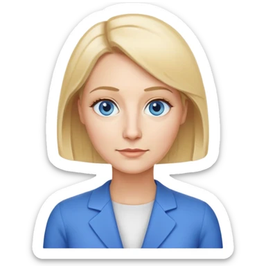 Mrs. Maria, math and artificial intelligence teacher, no glasses, thin nose, blonde eyebrows, blonde bob hair, blue eyes sticker