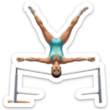 Professional gymnast performing a dynamic routine on parallel bars, captured mid-air in an elegant flip. The background features a well-lit gymnastics arena with a cheering audience. The athlete's posture and expression convey strength, control, and perfect coordination. sticker