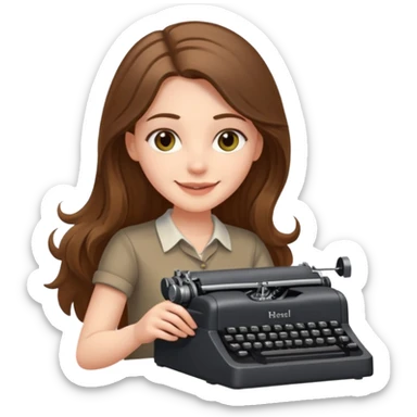 smiling white long brunette hair girl with hazel eyes laying typing on a typewriter sticker