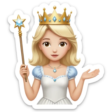dorothy queen blonde hair, white dress with magic wand, rounded sparcle, and crown on head. sticker