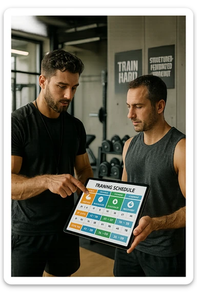 realistic cinematic photo a personal trainer and a client stand in a modern gym, reviewing a large, color-coded training calendar or chart on a tablet. The calendar shows different phases (strength, hypertrophy, endurance, recovery) with icons and dates. Around them, gym equipment and motivational posters reinforce the idea of structured, periodized training. in italiano sticker