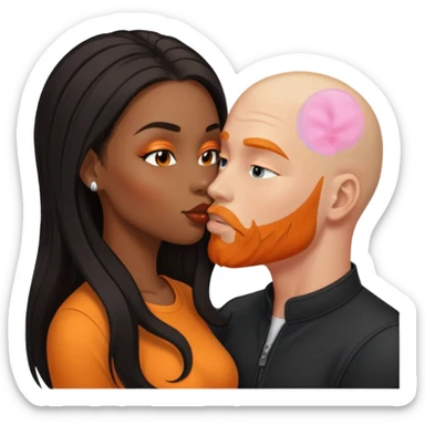 ebony black women with long balayage brown/black hair.  She is kissing bald white man. The White man is pale has orange facial hair sticker