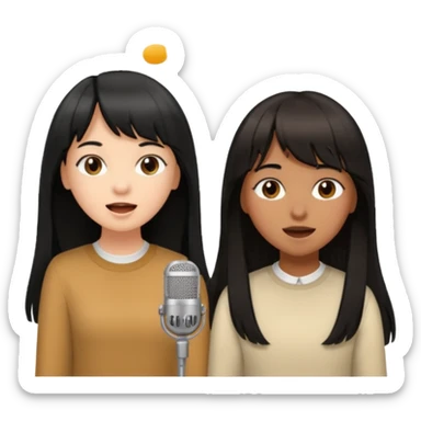 two girls a brown girl with long black hair and a white girl with bangs and light brown medium length hair singing together  sticker