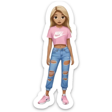 preppy teenage girl, tan, less blonde highlights, brown long hair, long eyelashes, beach aesthetic, wearing cute clothes, wearing ripped blue long baggy jeans with a light pink sexy crop top, wearing Nike shoes, very sexy, very long eyelashes, very pretty sticker