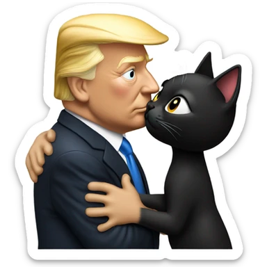 Photo realistic, Donald Trump, kissing and embracing black cat, sticker