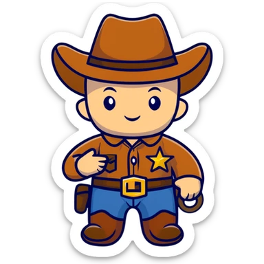 A cartoon stuffed baby cowboy toy with star-shaped patches and a little sheriff badge sticker