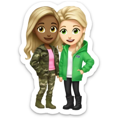 A dirty blonde brown eyed teenager wearing camo pants and white and green jacket and boots kissing the cheek of a dirty blonde shorter teenager with greenish blue eyes wearing a pink sweatshirt and black pants sticker
