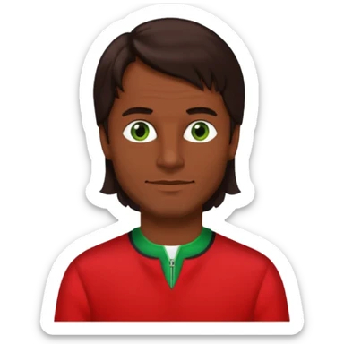 Robert Pilatus, German Singer (1964-1998) with medium dark skin, long dark brown hair, green eyes, red outfit sticker