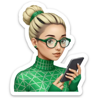 Gender: Non-binary Hair: Tight bun secured with calculator-shaped hairpin Face: Glasses reflecting scrolling green data streams Clothes: Geometric-patterned turtleneck with fingerless gloves Action: Floating in matrix-like numbers with Ctrl+C/V aura sticker