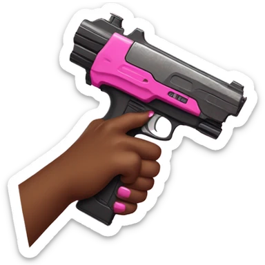 brown hand with pink nails holding large scary dark nerf gun sticker