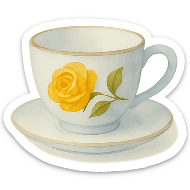 Add a gold rim to the light blue tea cup, make the cup a little shallower, and paint a yellow rose on the outside of the cup. Keep the dreamy, painterly watercolor art style with transparent background. sticker