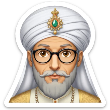 Jeff Goldblum no glasses as a regal portrait dressed as suleiman-the-magnificent,-depicted-as-a-regal-ottoman-sultan-adorned-with-a-large,-white,-round,-tall-turban-and-a-majestic-grey-beard,-his-commanding-gaze-bathed-in-warm,-historic-lighting-that-exudes-time with a large long beard **no glasses** sticker