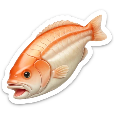 raw cod fillet, thick, boneless, slightly curved, pale ivory, faint pinkish translucent tones, smooth flaky texture, gentle muscle grain, soft contours, no skin, no plate, no garnish, no faces, clean 3D, soft shadows, transparent background, emoji scale sticker