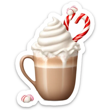 beige hot chocolate with marshmallows and whipped cream and candy cane sticker