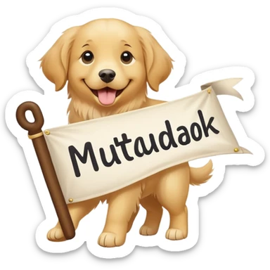 A cute and happy dog carrying long banner with word "MutualBook" sticker