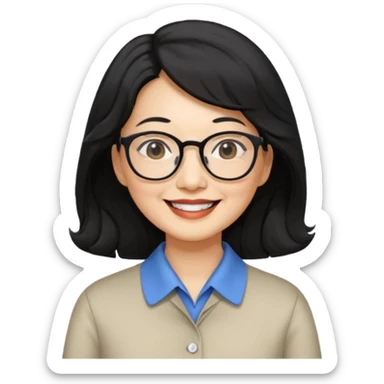 60 yr old asian woman, wavy thick black hair past shoulder length, side part, side swept bang, big smile, collared shirt, long hair, glasses sticker