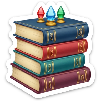 A stack of colorful spellbooks that look like they came out of a fine victorian library sticker