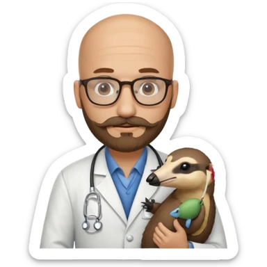 A bald veterinarian with a beard and glasses, mustache holding an the animal is "anteater" oso hormiguero  sticker