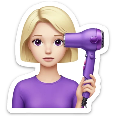 blonde girl drying hair with a purple Dyson hair dryer sticker