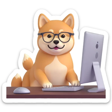 shiba inu with eye glasses and computer sticker