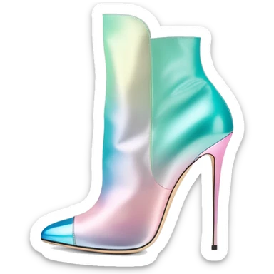 Realistic isolated top front view of a pair of metalliic tiffany blue to pastel pink ombre Jimmy Choo peep toe stiletto ankle booties. sticker