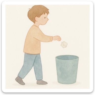 soft watercolor illustration in a minimalist modern style, a boy throwing paper into a trash bin, pastel colors, delicate linework, gentle whimsical mood, minimal soft shading sticker