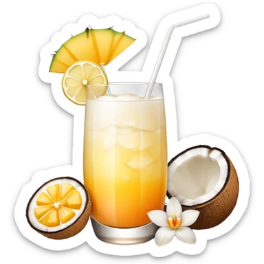 A beautiful cocktail with a creamy white to orange gradient, containing coconut juice and mango, reminiscent of summer. Above, there are tropical flowers, lemon slices, and straws. sticker