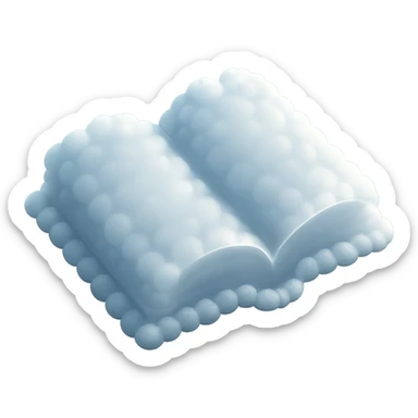 top view of a thick open book made entirely of small, very bright white fluffy convex clouds, matte glass style sticker