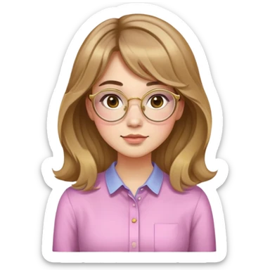 young adult woman with light skin, round face, prominent cheeks, medium plump body, long light brown hair with golden highlights, voluminous and wavy, long bangs over eyebrows, large octagonal glasses with thin golden or light pink frame, casual dark shirt sticker