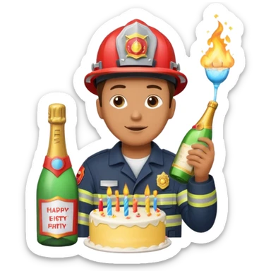 A firefighter extinguishing a party sticker