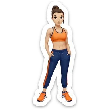 Melanie chisholm with a dark brown high ponytail, wearing an orange sports bra and navy blue track pants with sneakers sticker