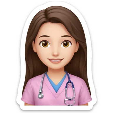 happy long haired brunette girl hazel eyes in light pink at the doctor's sticker