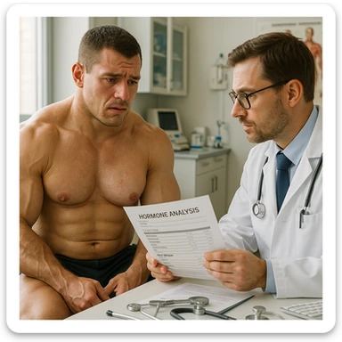hyperrealistic male bodybuilder, muscular, sitting in a detailed medical office, facing a doctor consulting hormone analysis reports, showing signs of estrogen excess such as mild gynecomastia and swelling, worried expression, natural light, professional atmosphere, detailed medical instruments sticker