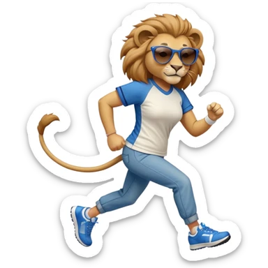 friendly anthropomorphised female lion wearing a baseball shirt, jeans, trainers, dark sunglasses, jogging upright, looking dominant and confident sticker