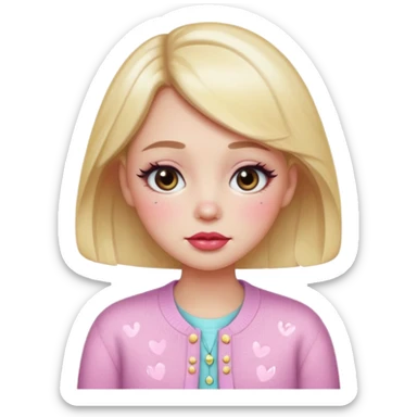 “Emoji girl, dewy skin, heavy blush across cheeks and nose bridge, glossy cherry lips, soft puppy eyeliner, teary sparkling eyes, pastel cardigan.” sticker