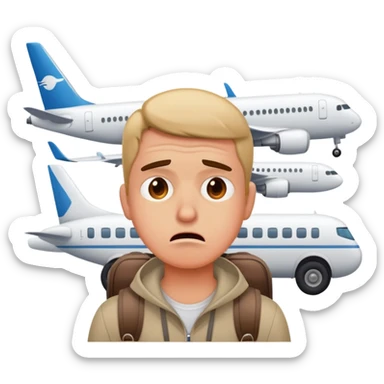 Delayed flight at airport with frustrated traveler sticker