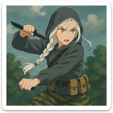 1 female, mid-20's  white hair long braid, gold yellow eyes, gray rainproof hoodie, hood up, single point sling, tan mag pouches on belt rig, tiger stripe camo pants, holding a combat blade, striking, swing sticker