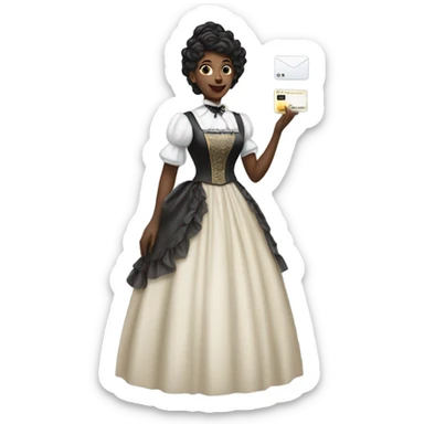 galora waitress in Victorian dress elegant, full body, holding big credit card sticker