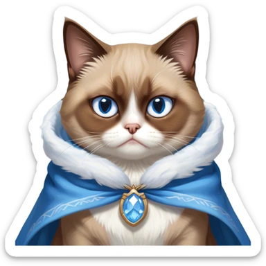 Cinematic Meme-Worthy Grumpy Brown Mantle Snowshoe Cat Portrait Emoji, Head held high but eyes filled with dramatic disappointment, soft brown fur draped like a cape, white paws planted firmly in defiance, signature grumpy cat frown perfectly etched on its face, icy-blue eyes radiating pure disapproval, Simplified yet hilariously over-exaggerated features, highly detailed, glowing with an aura of supreme annoyance, high shine, exhausted yet judgmental, stylized with an almost regal pettiness, bright but brooding, soft glowing outline, capturing the essence of a feline that has seen it all and is thoroughly unimpressed, so meme-worthy it feels like it could instantly become the next viral sensation of grumpiness! sticker