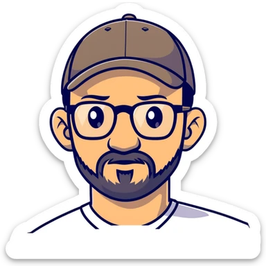 adventurer with goatee beard (no beard on cheeks), short hair, glasses and backwards baseball cap sticker