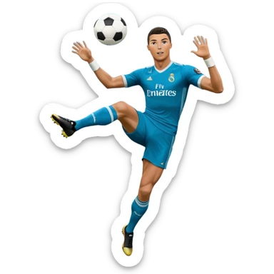 Ronaldo doing a bicycle kick with football in mid air While wearing a Retro blue Real madrid kit and yes i want it to be exactly the same as he Scored it in 2018 vs Juventus and please make it Realistic  sticker