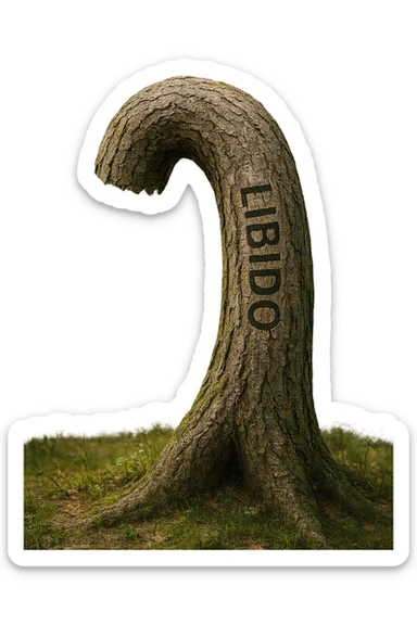 Realistic, vertical 4K illustration: a hyperrealistic tree trunk in a forest setting, noticeably bent, drooping, or wilted instead of standing upright. The bark is textured and detailed WITH THE WORD "LIBIDO" PRINTED ON IT, with subtle cracks and faded colors suggesting loss of vitality. Soft, natural light filters through the surrounding trees, casting gentle shadows. The scene is quiet and contemplative, with the trunk’s unusual, slumped posture symbolizing a decline in male libido. The background is lush and detailed, but the focus remains on the central, softened trunk, evoking a sense of vulnerability and introspection. sticker