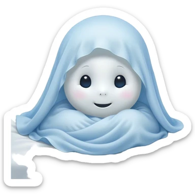 An adorable, peacefully floating sheet-like ghost in gentle pastel whites and blues, its soft, rounded form loosely draped, head resting with closed, serene sparkling eyes and a tiny, contented smile, simplified yet irresistibly charming, highly detailed, with a soft glowing outline that captures the essence of a sleepy, endearing spirit wrapped in cozy slumber! sticker