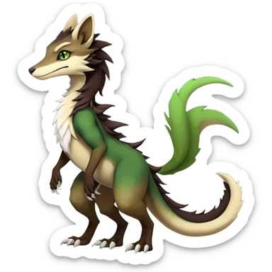 Brown and beige badass elegant wild beautiful natural cute badass epic exotic anthro modern furry 2-legged sergal-vernid-creature, full body, dark-brown-black-gradient pretty hair, with a long tufted tail, green eyes, aesthetic, art by LiLaiRa, art by art by Falvie sticker