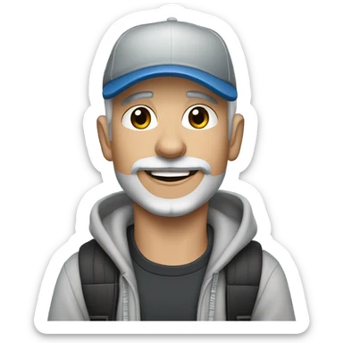 blue eyed man gray hair gray goatee wearing ball cap holding black long haired chihuahua sticker